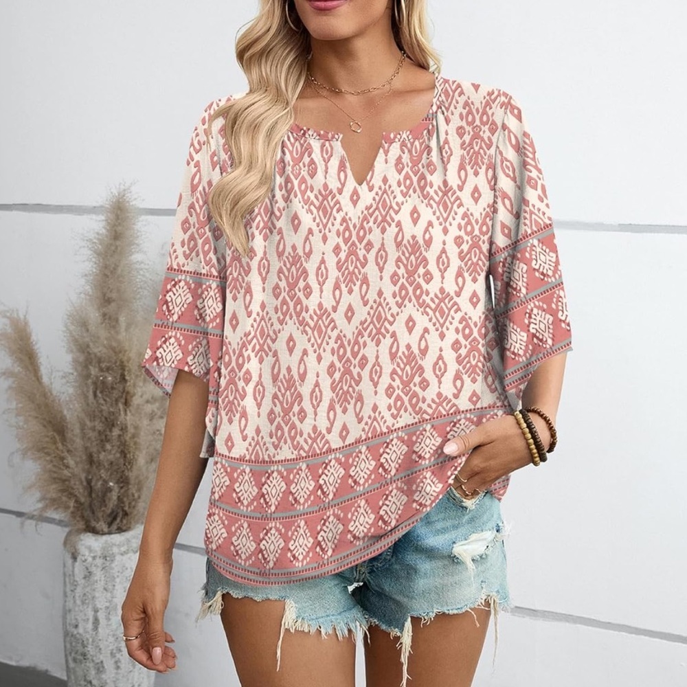 Boho Pink Print Top Flowy Summer Blouse XL New - Picture 1 of 3